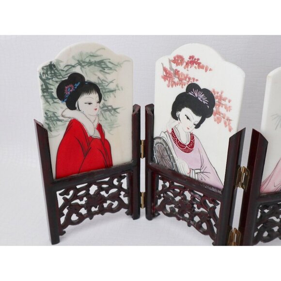 Vintage Mini Folding Screen 2 Sided Panels Handpainted Chinese Marble Art Geisha - Picture 2 of 7